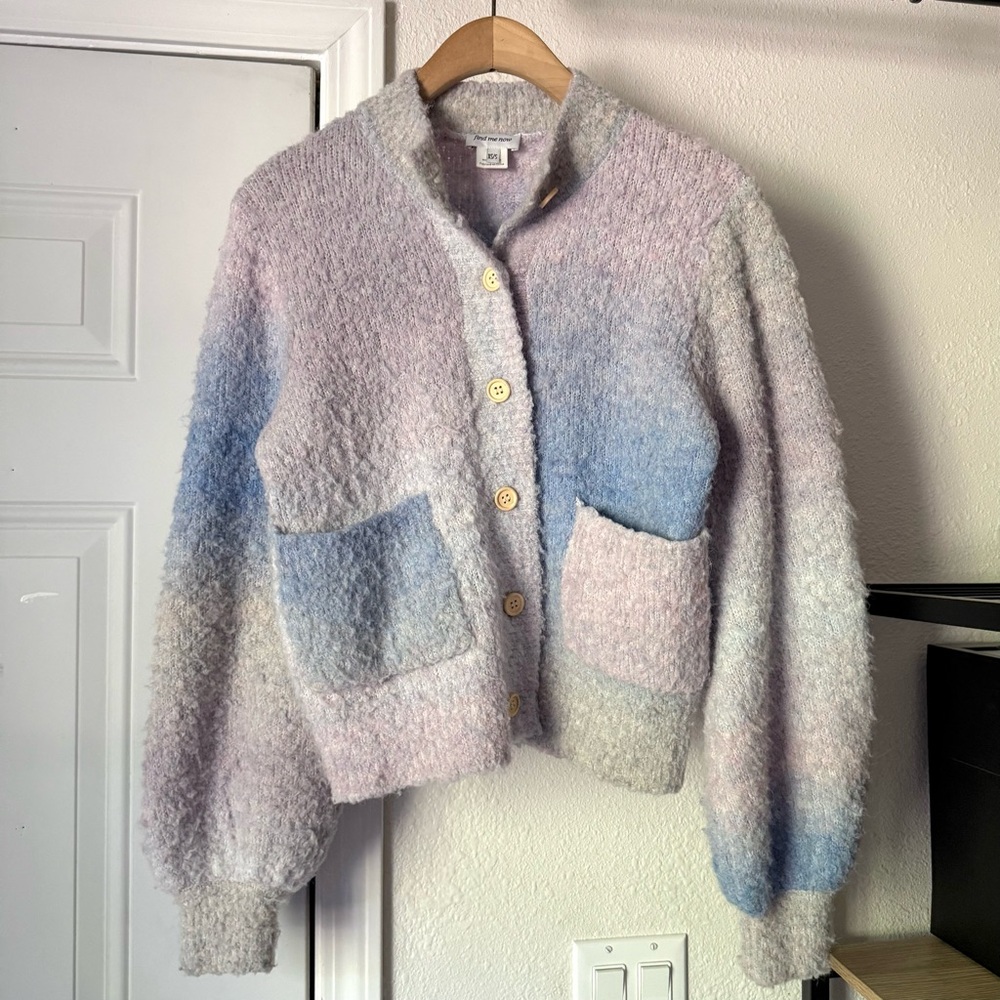 FIND ME‎ NOW pastel multicolor rainbow puff fuzzy cardigan sweater